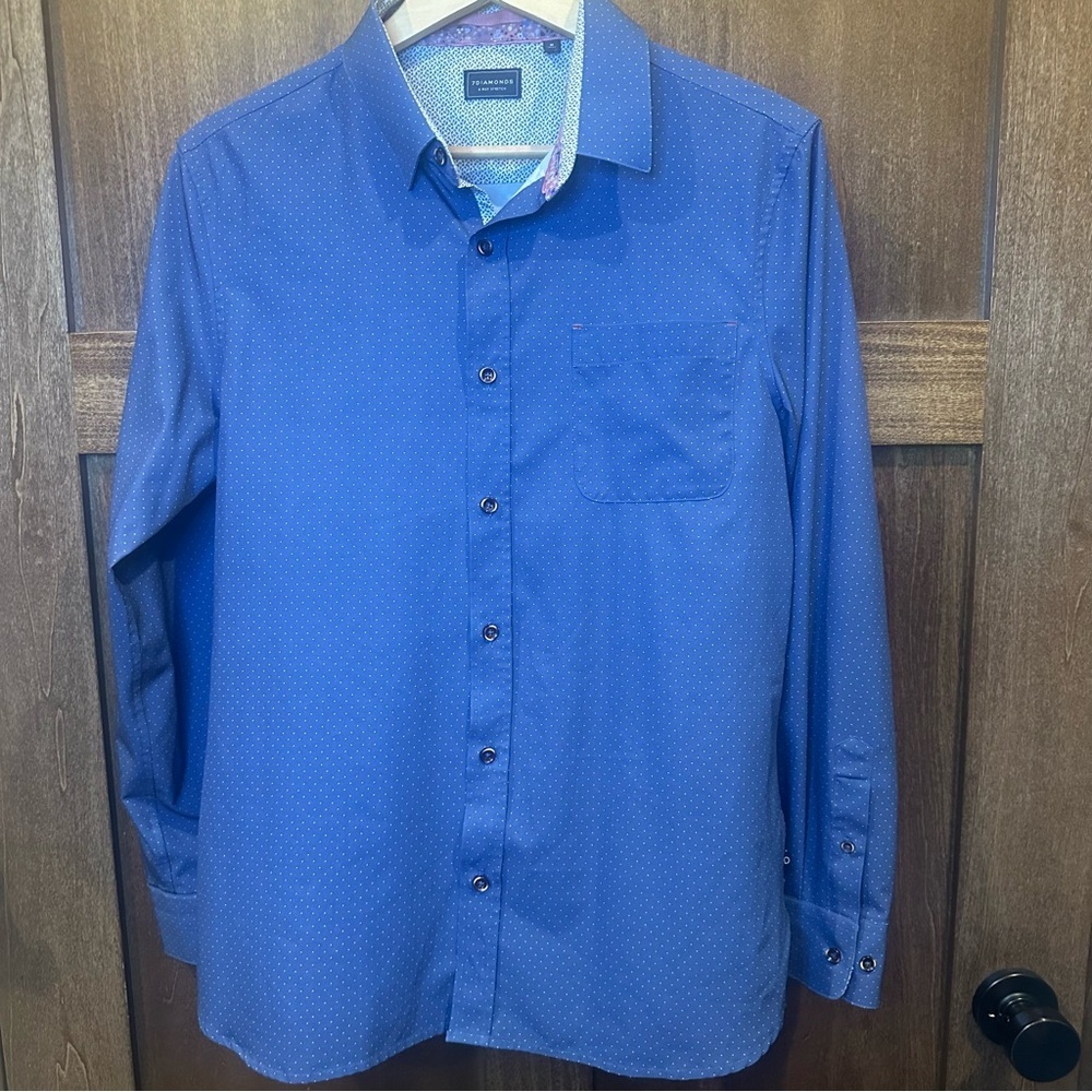 7 Diamonds Men's Blue Long-Sleeve Dress Shirt with Microdot Pattern